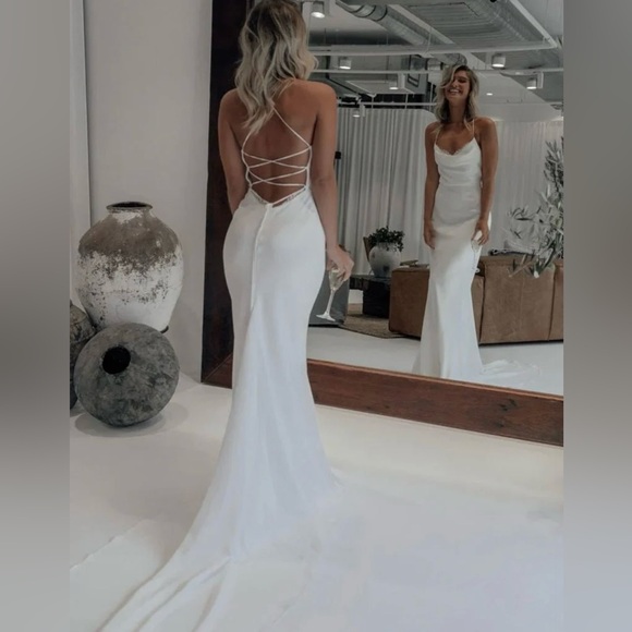 Cordelia Mermaid Satin White Spaghetti~Strap Wedding Gown With Lace~Up Back - Picture 2 of 3